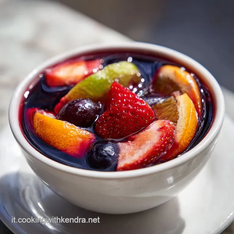 A tall glass of ruby-red sangria, adorned with orange slices and a sprig of mint, ice clinking.