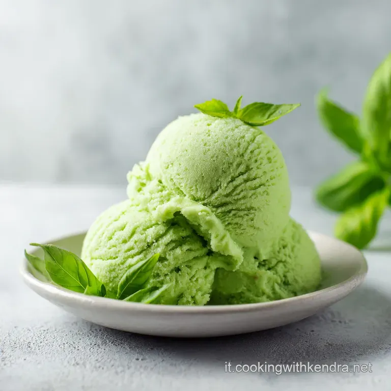 Palline di sorbetto verde smeraldo disposte elegantemente in un piatto bianco, ornate da piccole foglie di basilico.