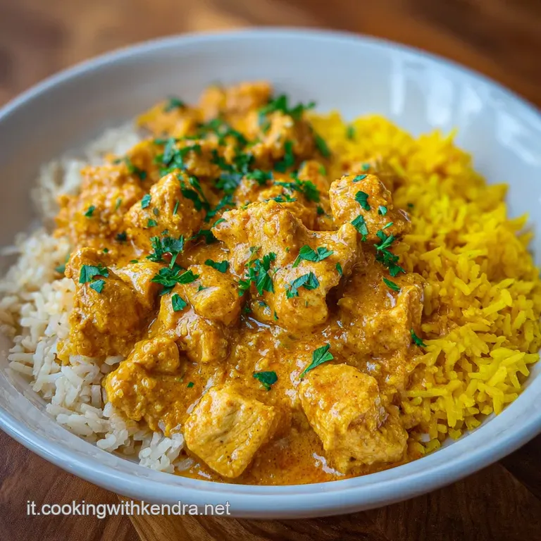 Elegant plate of curried chicken and rice, garnished with fresh cilantro; creamy sauce glistens, hinting at rich flavor.