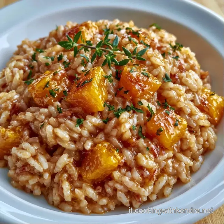 Composizione curata di riso rosso e zucca dorata, guarnita con erbe verdi fresche su un piatto moderno e minimalista.