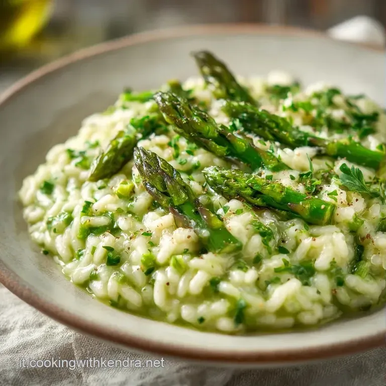 Piatto bianco con riso mantecato vellutato, punte di asparagi verdi disposte a raggiera e un filo d'olio lucido.
