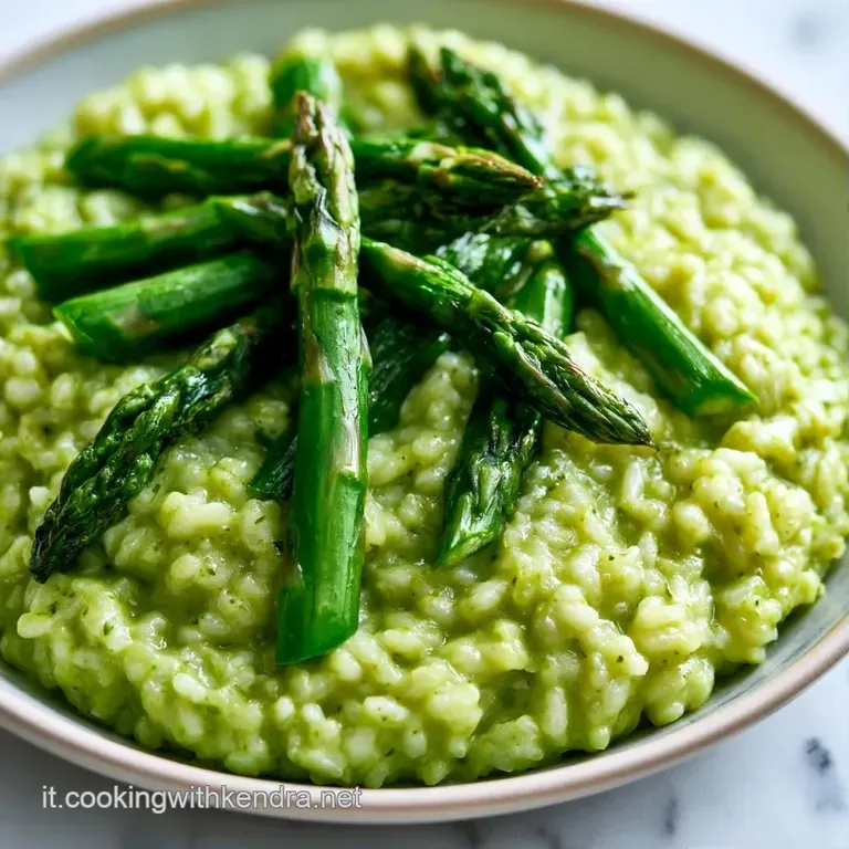 Piatto di riso vellutato con asparagi verdi croccanti, scaglie di formaggio bianco e un filo d'olio lucido dorato.