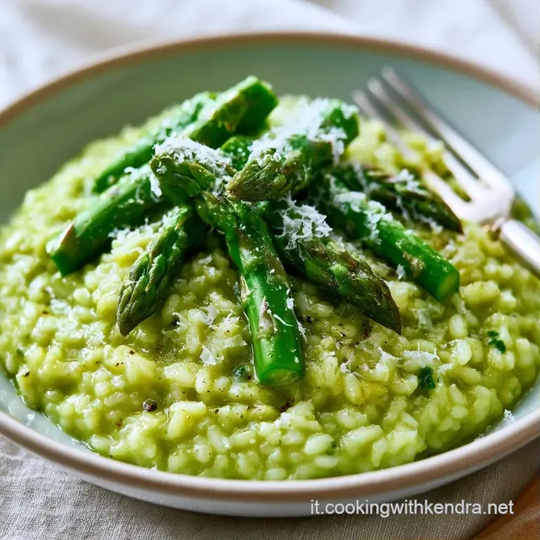Piatto di ceramica bianca con riso vellutato color lime, punte di asparagi croccanti e un filo d'olio lucido.