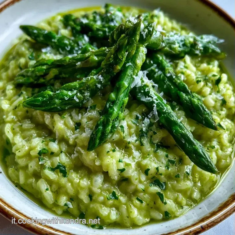 Elegante piatto bianco con riso vellutato verde chiaro, punte di asparagi disposte con cura e un tocco di pepe nero.