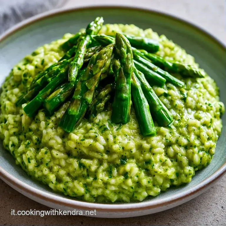 Piatto di riso vellutato guarnito con punte di asparagi croccanti e scaglie di formaggio bianco su fondo ceramica.