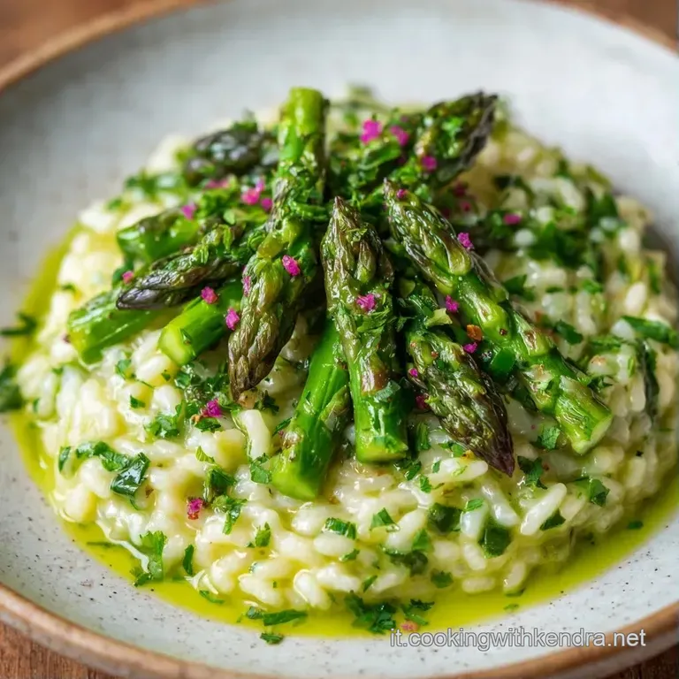 Riso vellutato disposto con cura in un piatto bianco, guarnito con asparagi croccanti e un filo d'olio dorato.