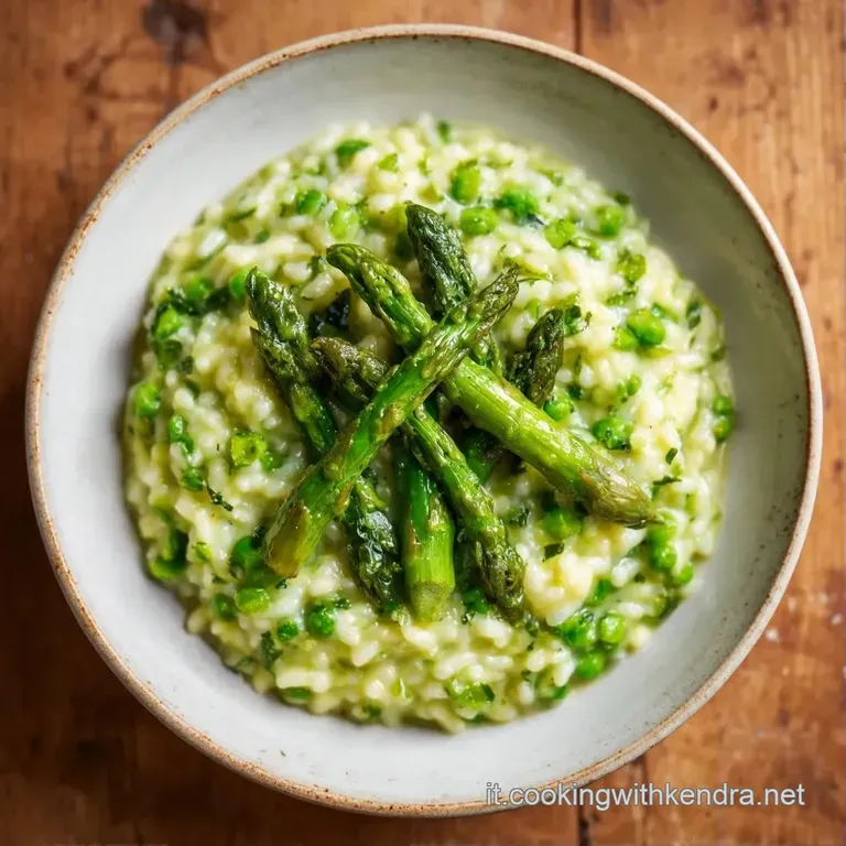 Cremoso riso verde in un piatto fondo, guarnito con punte di asparagi croccanti e un filo d'olio d'oliva lucido e oro.