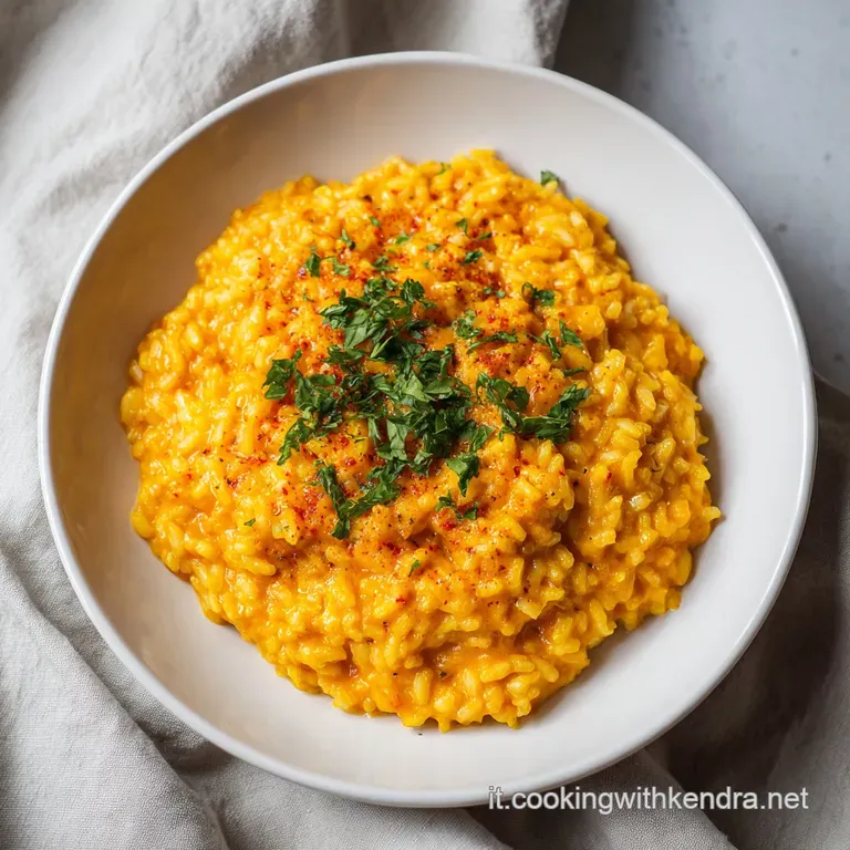 A swirl of golden risotto artfully plated, garnished with toasted pumpkin seeds and a drizzle of olive oil. A refined, app...