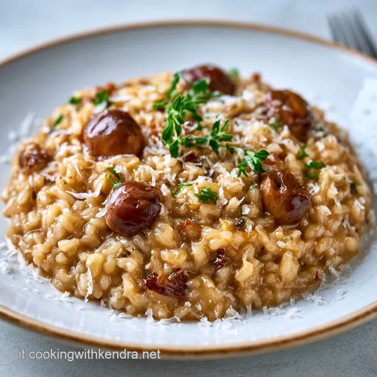 Elegante piatto bianco con riso vellutato, scaglie di formaggio bianco e castagne tostate disposte con cura artistica.