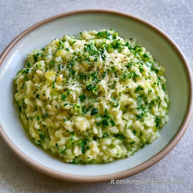 Piatto di ceramica bianca con riso vellutato verde chiaro, decorato con gocce di olio d'erba e zucchine croccanti.