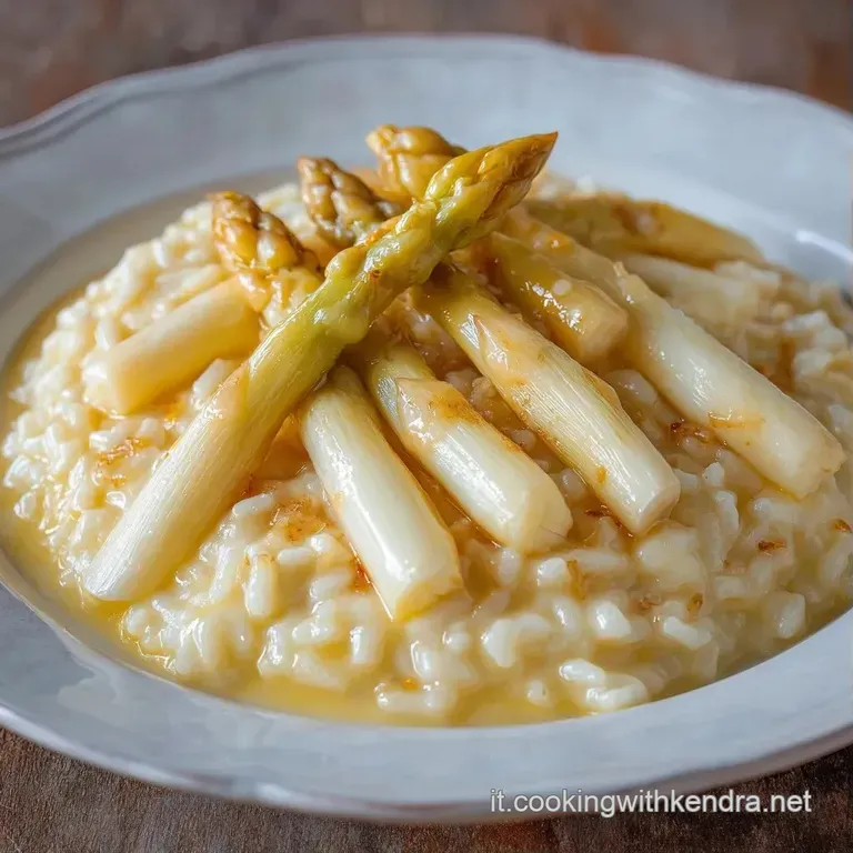 Un piatto fondo bianco con riso vellutato, punte di asparagi disposte con cura e un filo d'olio lucido in superficie.