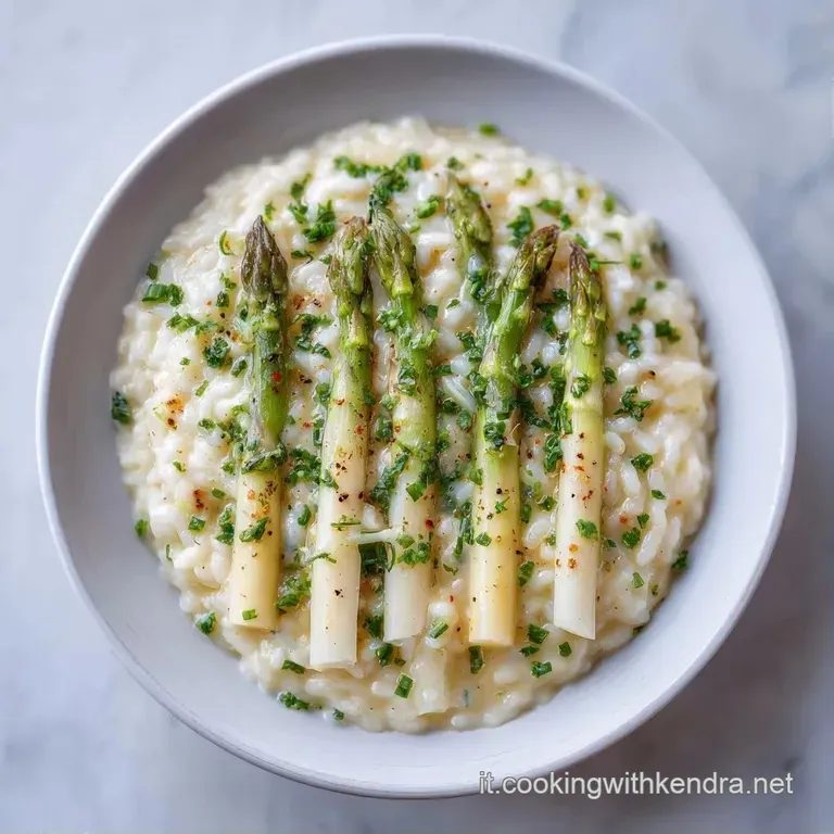 Composizione raffinata di riso mantecato e asparagi bianchi lucidi, guarniti con scaglie di formaggio e un filo d'olio.