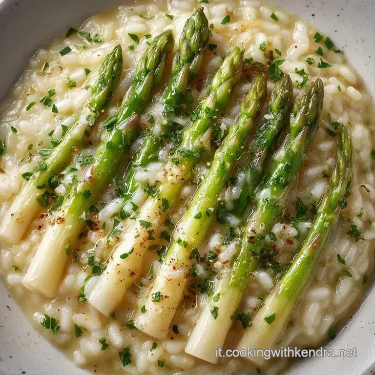 Piatto piano bianco con riso vellutato, asparagi bianchi disposti con cura e una spolverata di formaggio grattugiato.