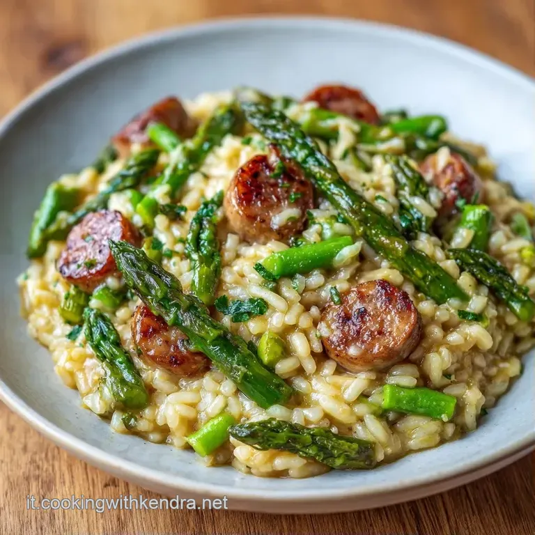 Risotto vellutato disposto con cura, decorato con asparagi freschi e granella di salsiccia rosolata su ceramica scura.