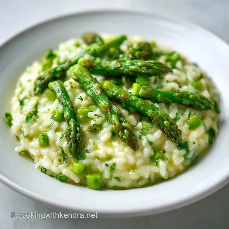 Riso vellutato disposto elegantemente, guarnito con asparagi verdi croccanti e sottili scaglie di formaggio.