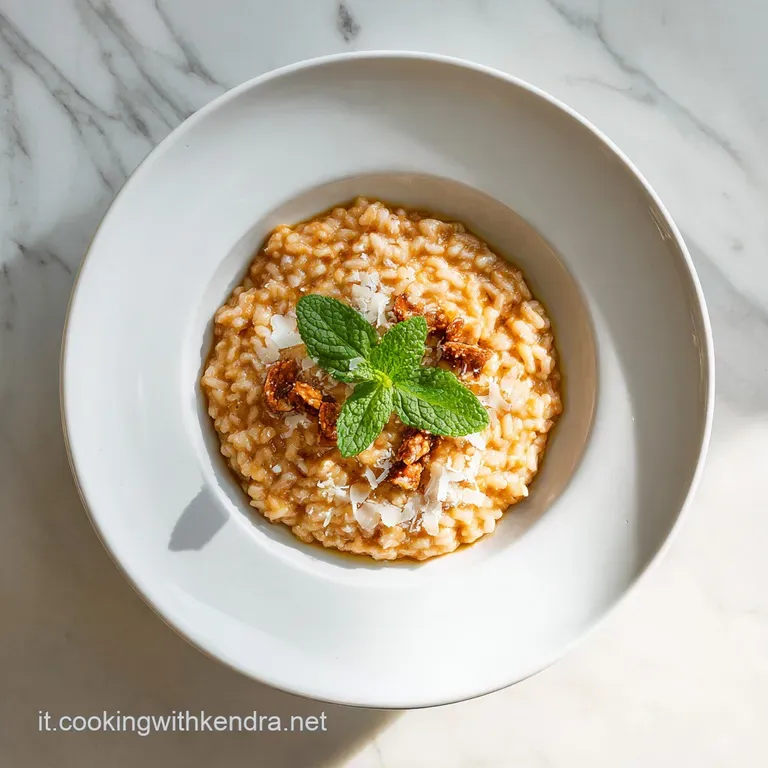 A comforting bowl of ivory risotto topped with toasted walnuts and fresh parsley.