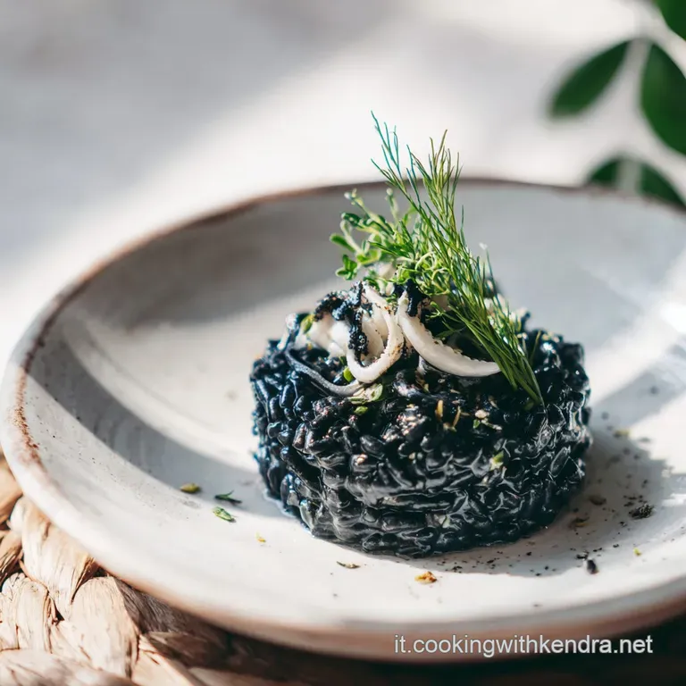 Elegant plate of jet-black risotto, garnished with a bright green sprig of parsley and a drizzle of golden olive oil.