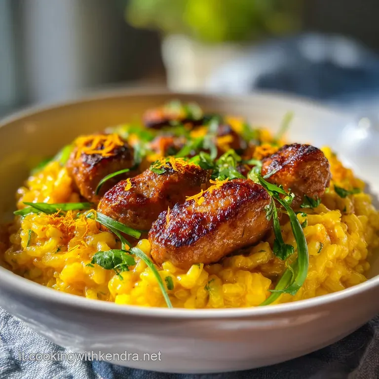Elegant plate of saffron risotto, dotted with browned sausage. Aromatic steam rises, hinting at a rich and savory flavor.