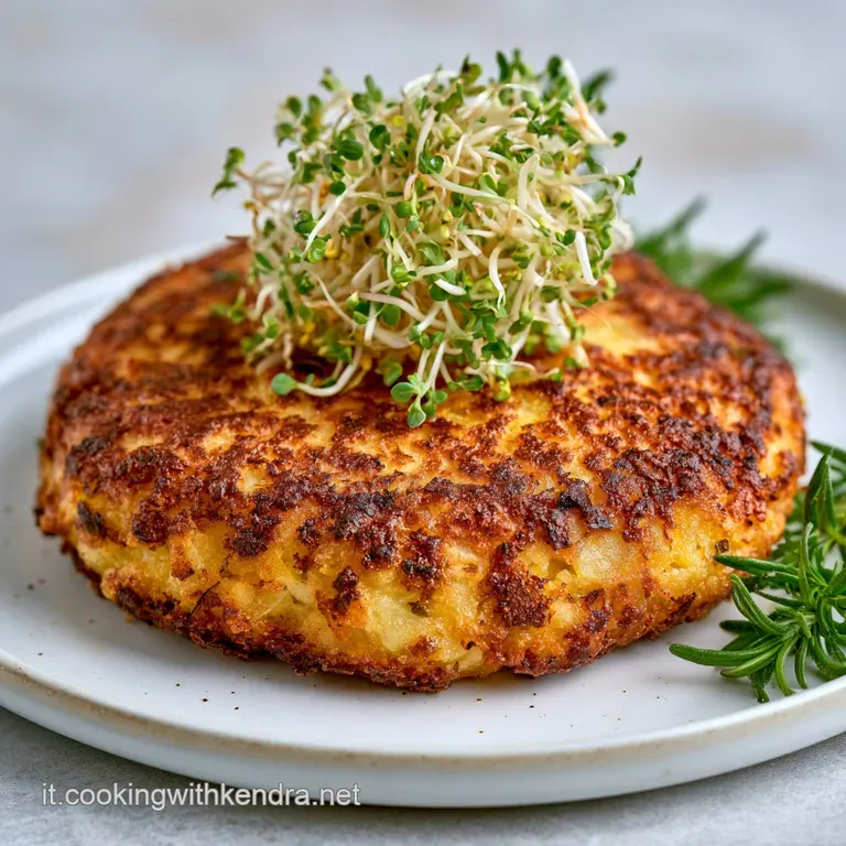 Piatto bianco con tortini di patate croccanti e dorati, adornati con germogli verdi teneri e un tocco di rosmarino fresco.