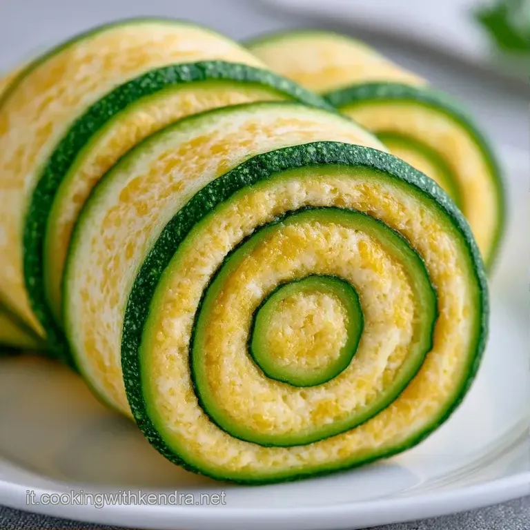 Fette di rotolo verde brillante disposte con cura su ceramica bianca, rifinite con gocce di salsa e basilico fresco.