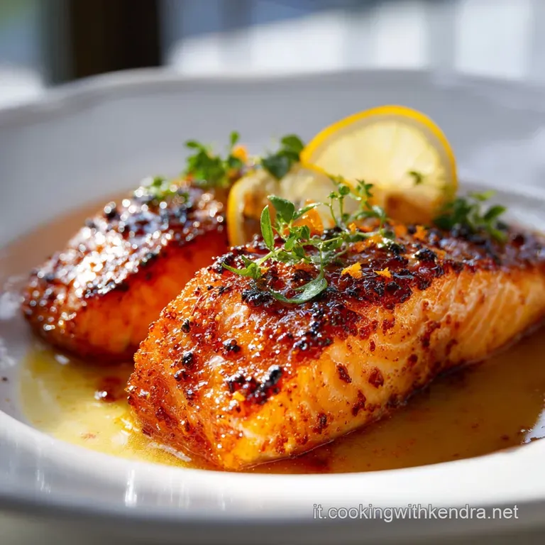 Elegant white plate showcasing a golden-crusted salmon fillet, drizzled with a vibrant orange sauce and garnished with fre...