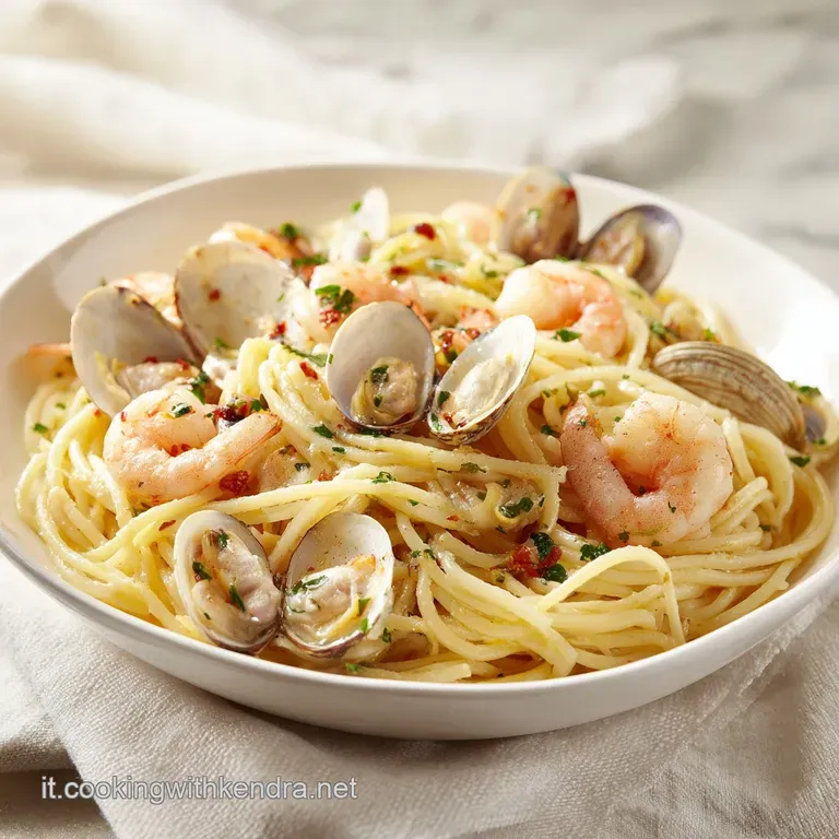 Artfully swirled pasta in a glossy orange cream sauce with seared scallops and shrimp on a minimalist white plate.