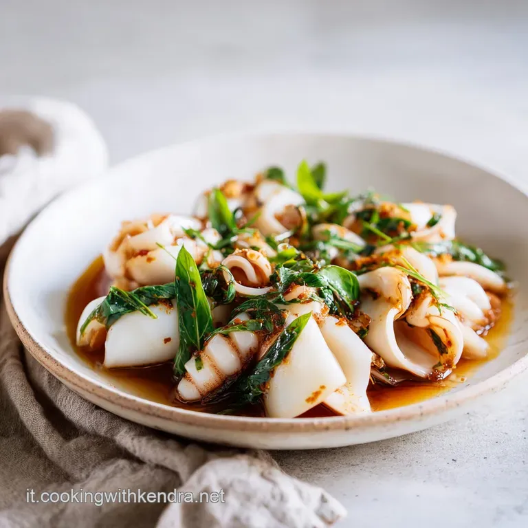 Elegant plate of tender stuffed squid rings in a glossy sauce, sprinkled with herbs, hinting at a delicious Mediterranean ...
