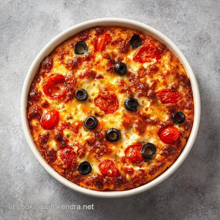 Slice of rustic sfincione on a white plate; soft, spongy dough contrasting against the rich, textured topping. Olives glis...