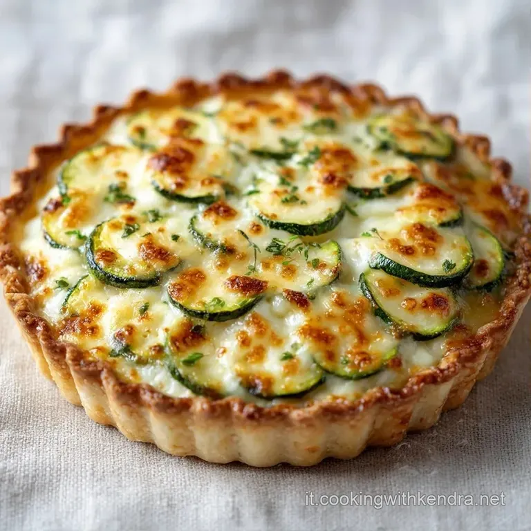 Una fetta di pasta sfoglia dorata su piatto bianco, con zucchine verdi brillanti e mozzarella morbida e bianca.