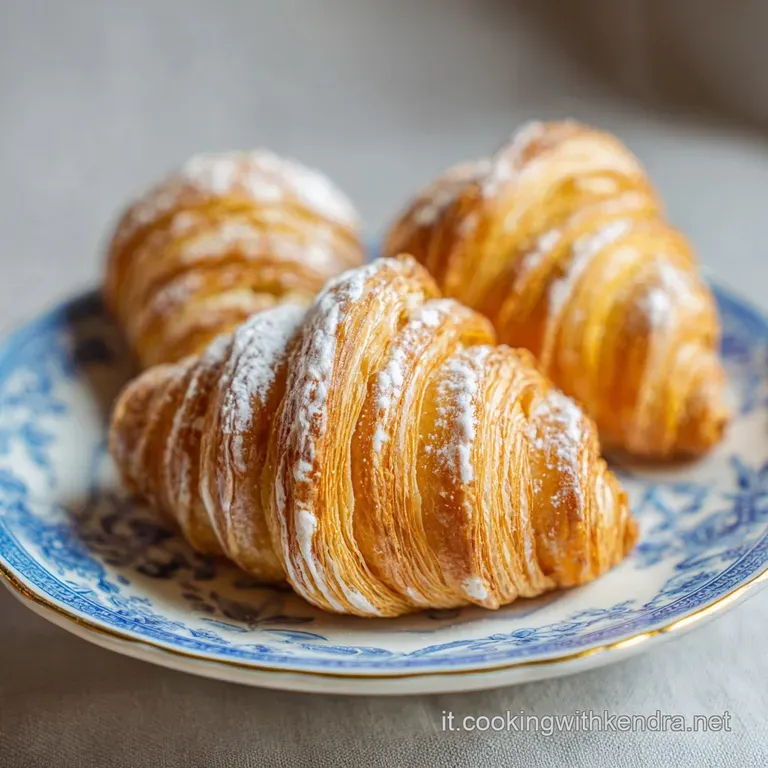 Single sfogliatella on a white plate, filling spilling slightly. Crisp, layered pastry with a dusting of powdered sugar. I...