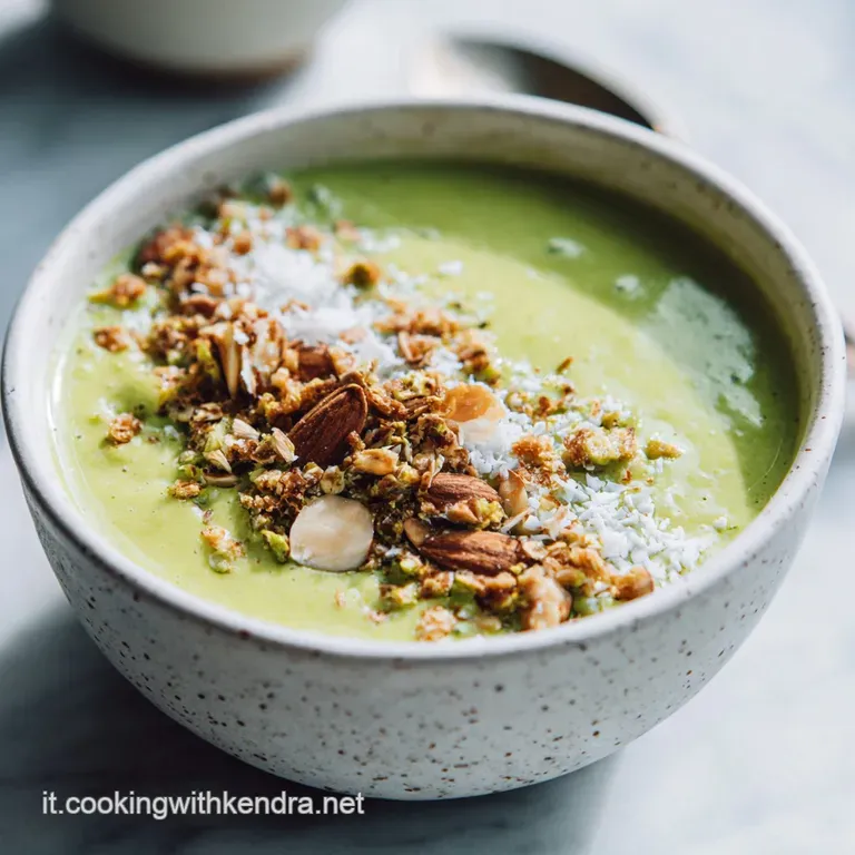 Elegant smoothie presentation: tall glass filled with the pale green drink, garnished with banana slices, almonds, and a s...