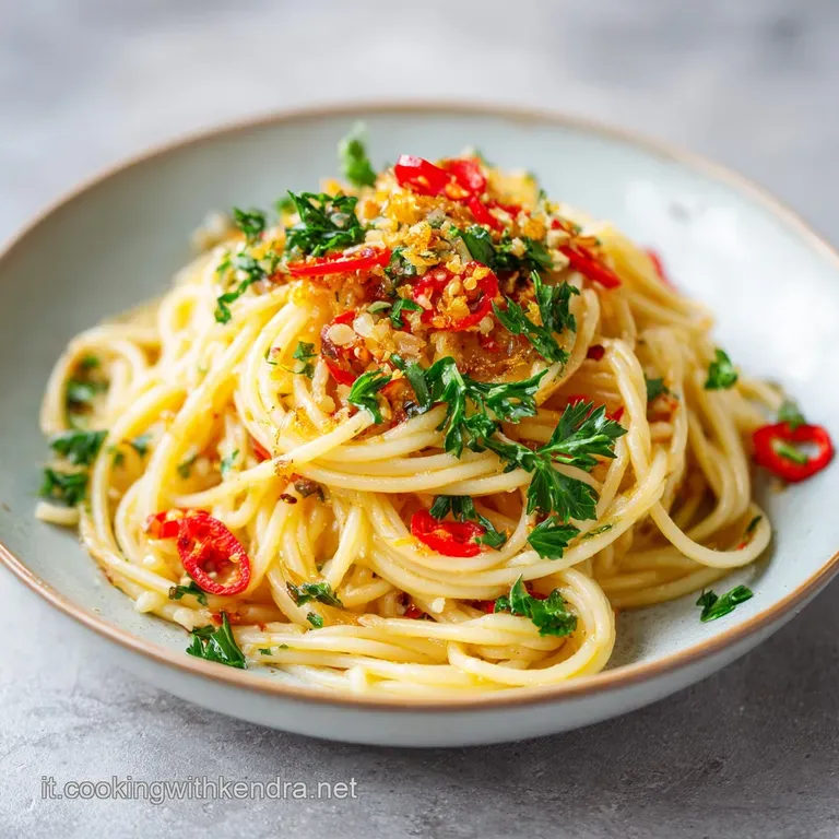 Un nido di pasta lucida e cremosa, decorato con sottili fette d'aglio dorate e tocchi di verde brillante su ceramica.