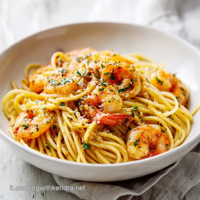 Elegant plate of creamy shrimp spaghetti, garnished with parsley. Steam rises, hinting at its delicious warmth. A fork twi...