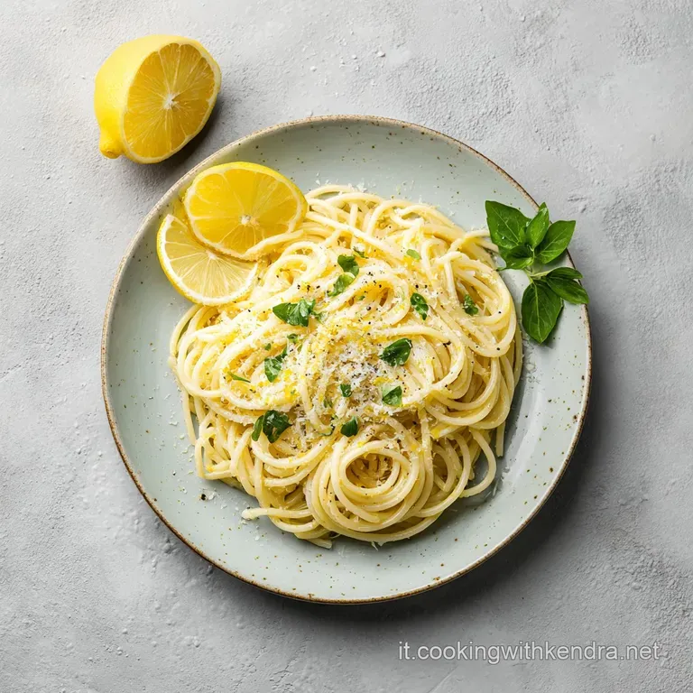 A perfectly swirled mound of spaghetti al limone, garnished with lemon zest and a delicate basil leaf.