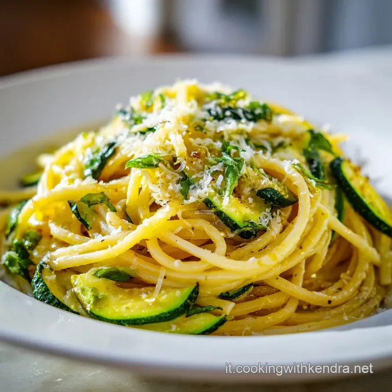 Elegant swirl of creamy pasta topped with golden zucchini rounds and fresh herbs on a modern white plate.