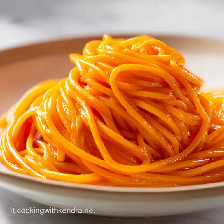 Un nido di pasta gialla brillante con salsa vellutata, decorato con pepe nero e prezzemolo su un piatto di ceramica.