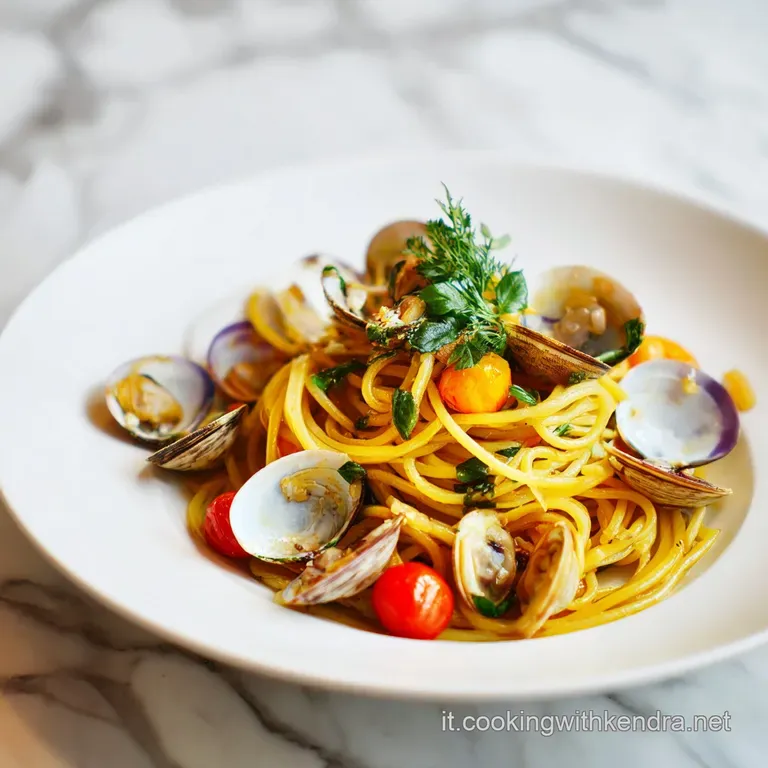 A swirl of spaghetti nestled on a white plate, adorned with whole clams and vibrant green herbs.
