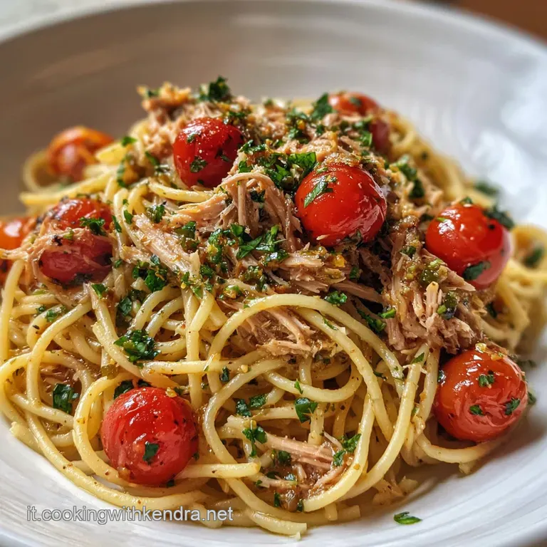 Elegant plate of spaghetti tonno. Flaked tuna and halved cherry tomatoes accent the saucy noodles, garnished with fresh pa...
