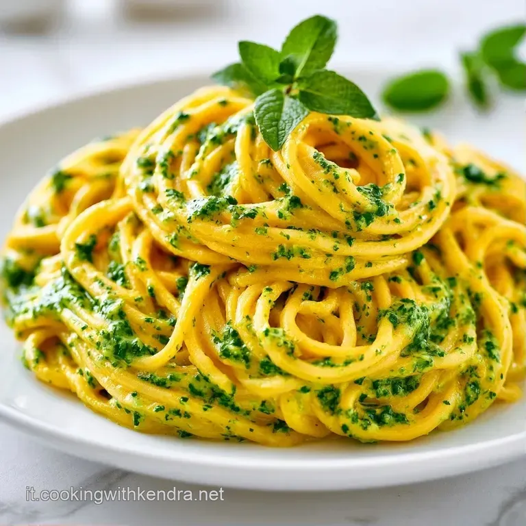 Un nido di spaghetti giallo intenso avvolto in una crema vellutata, guarnito con zucchine croccanti e olio lucido.