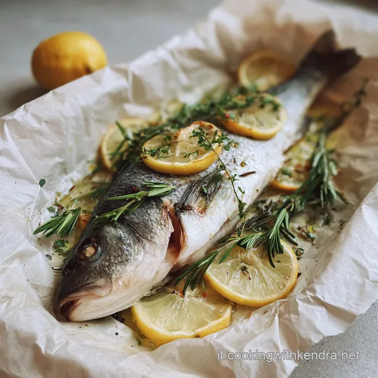 Glistening sea bass fillet atop vibrant vegetables, a drizzle of olive oil catching the light. A sprig of rosemary adds a ...