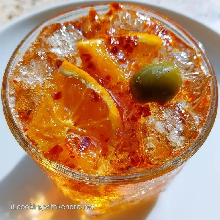 Calice di bevanda frizzante color ambra con condensa fredda e una fetta d'arancia, posato su un tavolo luminoso e chic.