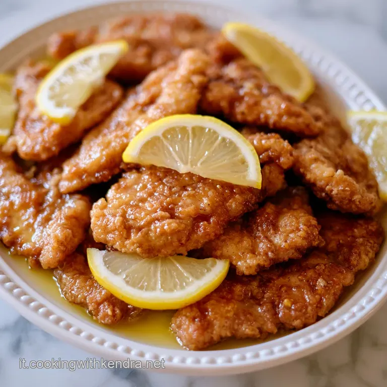 Pollo tenero disposto con cura, decorato con fette di limone fresco e erbe verdi su una ceramica bianca minimalista.