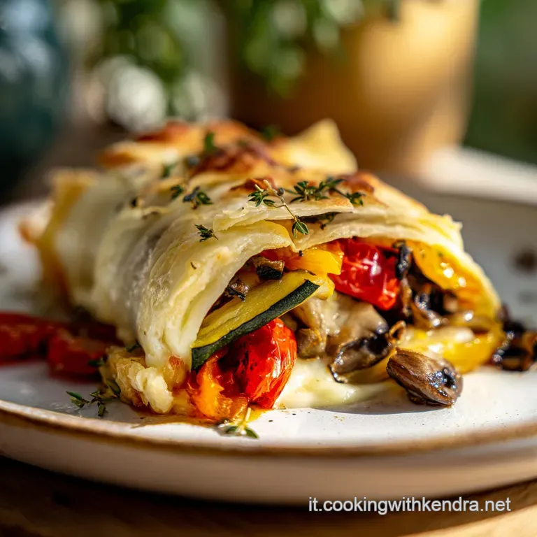 Strudel dorato adagiato su piatto bianco con gocce di salsa cremosa e un rametto di prezzemolo fresco a lato.