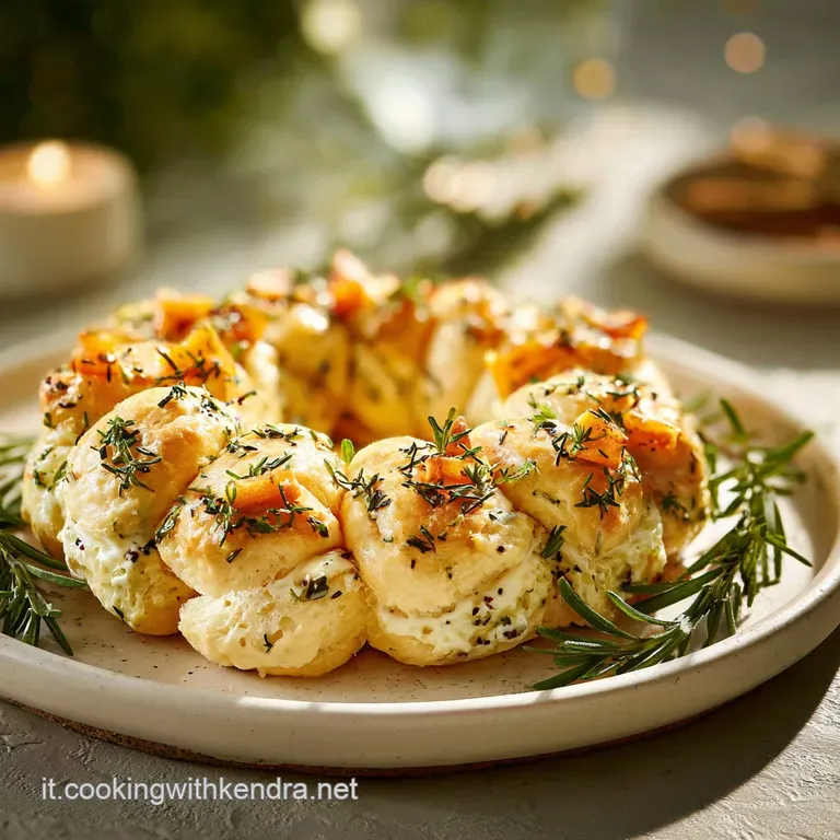 A tower of savory Christmas bites on a tiered platter. Bright green herbs contrast with the golden, flaky pastries, ready ...