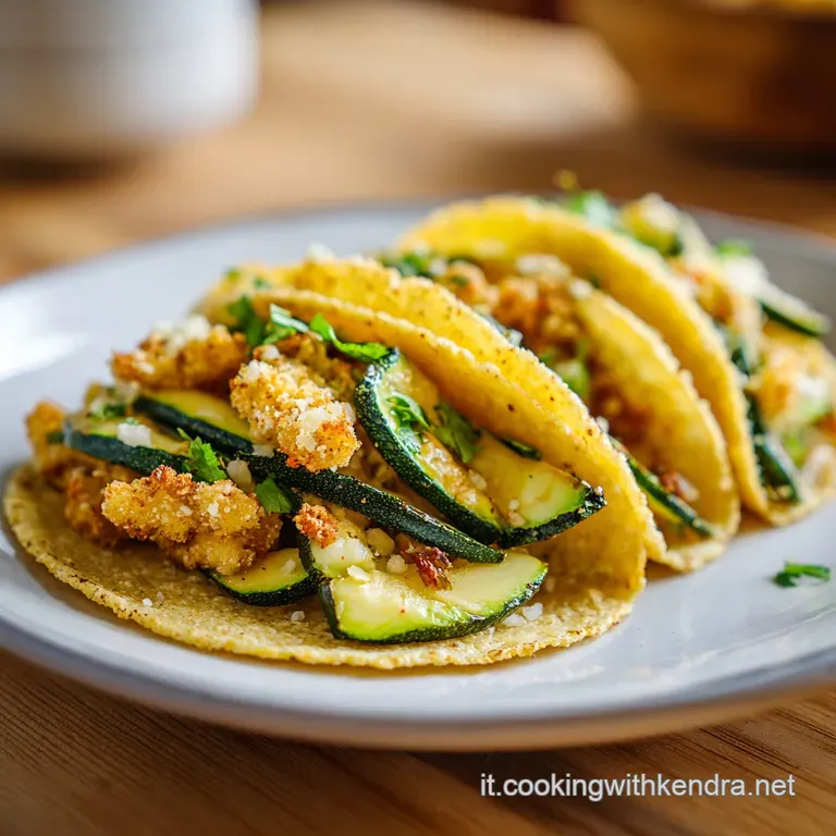 Stacked zucchini tacos plated beautifully, showing crisp tortillas filled with glistening, tender zucchini and a swirl of ...