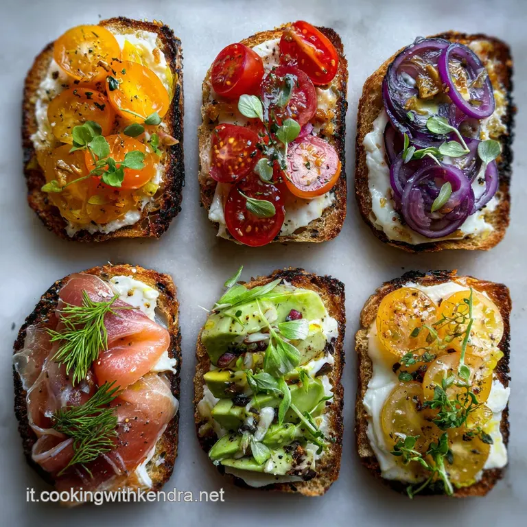 Elegant platter of assorted bruschetta: ruby red tomatoes, vibrant green basil, & creamy white cheese atop golden toasted ...