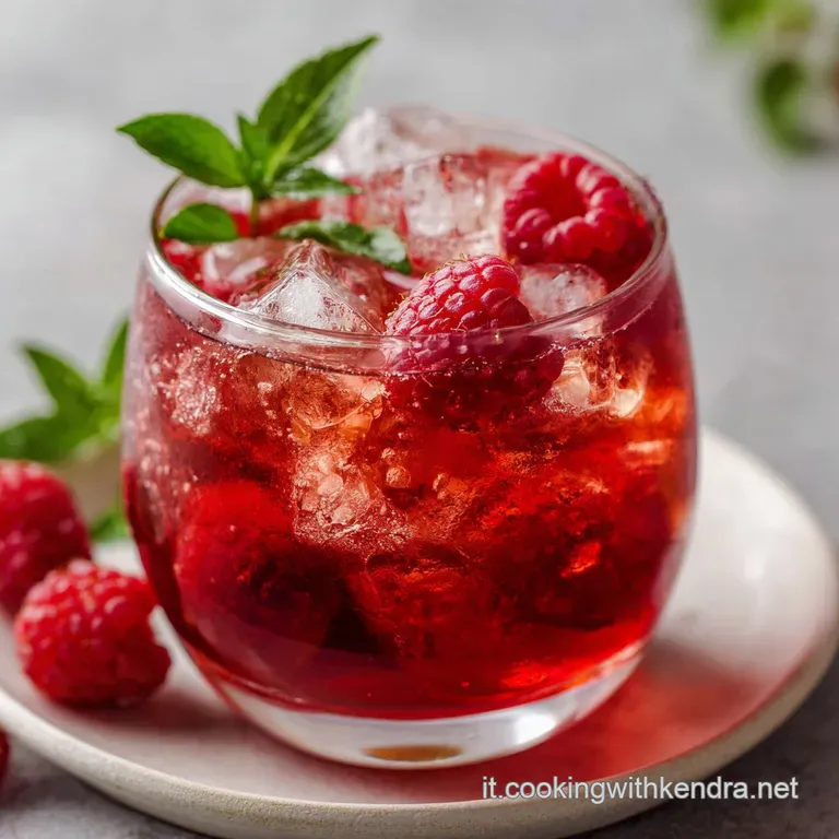 Elegant glass of ruby-red raspberry iced tea with mint sprig. Icy condensation & glistening berries suggest cool refreshment.
