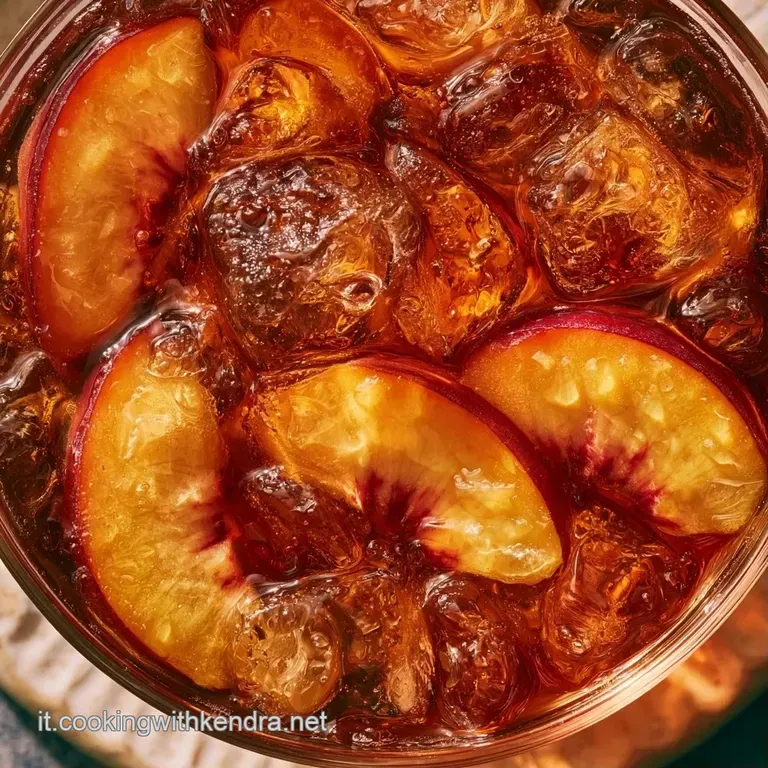 Bicchiere di vetro ghiacciato con condensa, una fetta di pesca succosa sul bordo e una cannuccia in un ambiente luminoso.