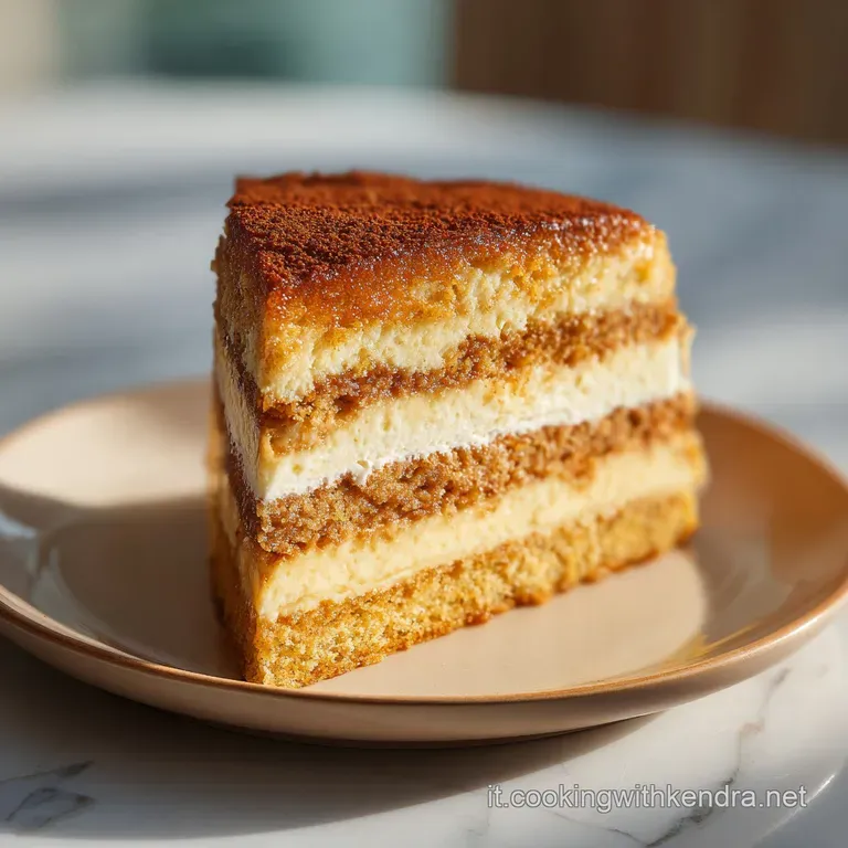 A slice of moist, dark coffee cake on a white porcelain plate, paired with a dollop of cream and a mint leaf.
