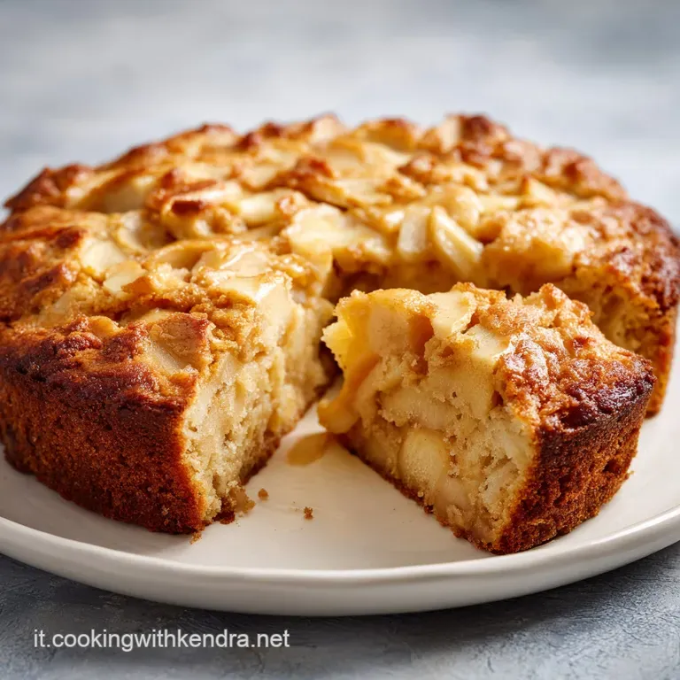 Slice of rustic apple cake on a white plate; cinnamon dusting, airy crumb, and caramelized apple edges hint at a warm, com...